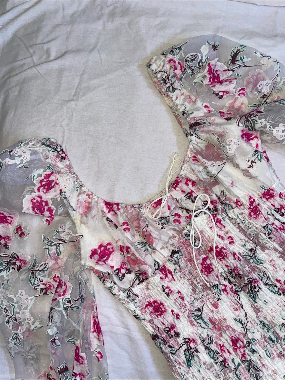 For Love and Lemons Floral Sheer Puff-Sleeve Smocked Dress